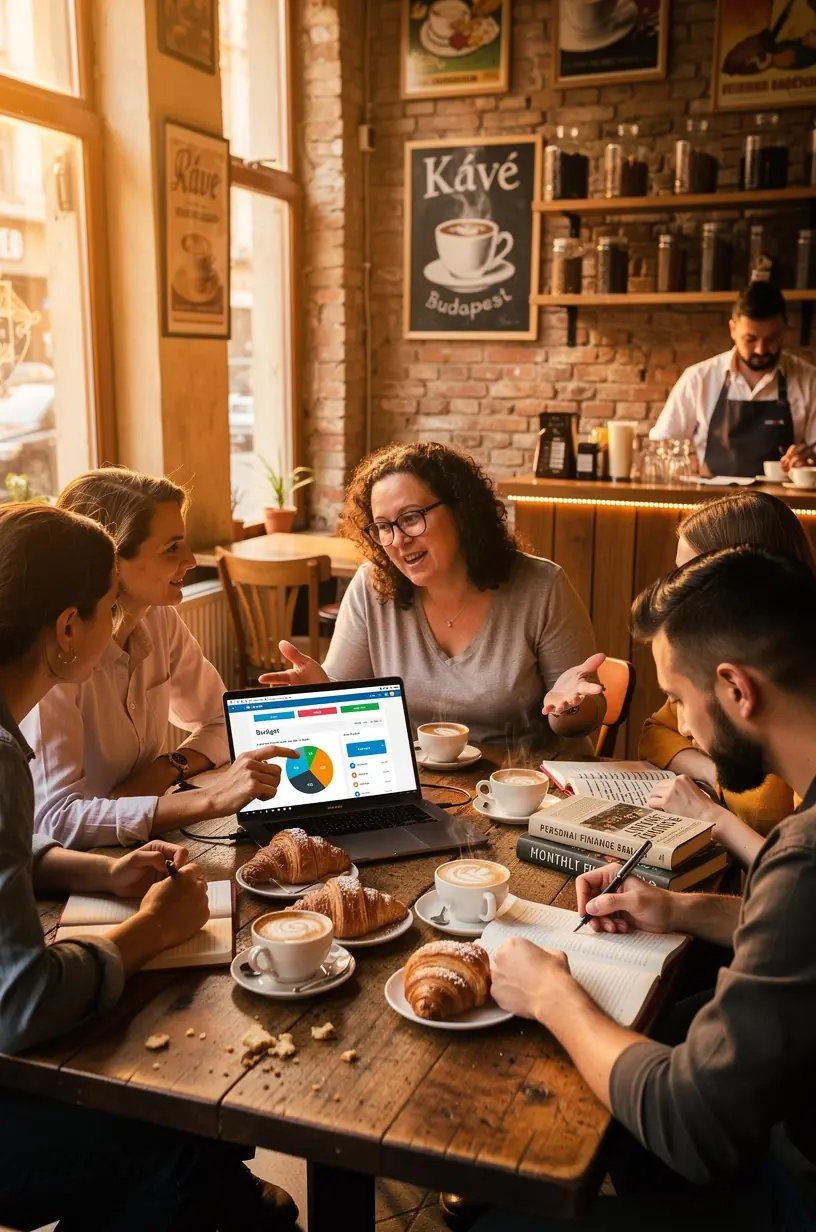 Személyes pénzügyi alapokkal foglalkozó blog, költségvetési klub tagjai havi találkozón, miközben könyveket böngésznek egy barátságos, tanulási környezetben.