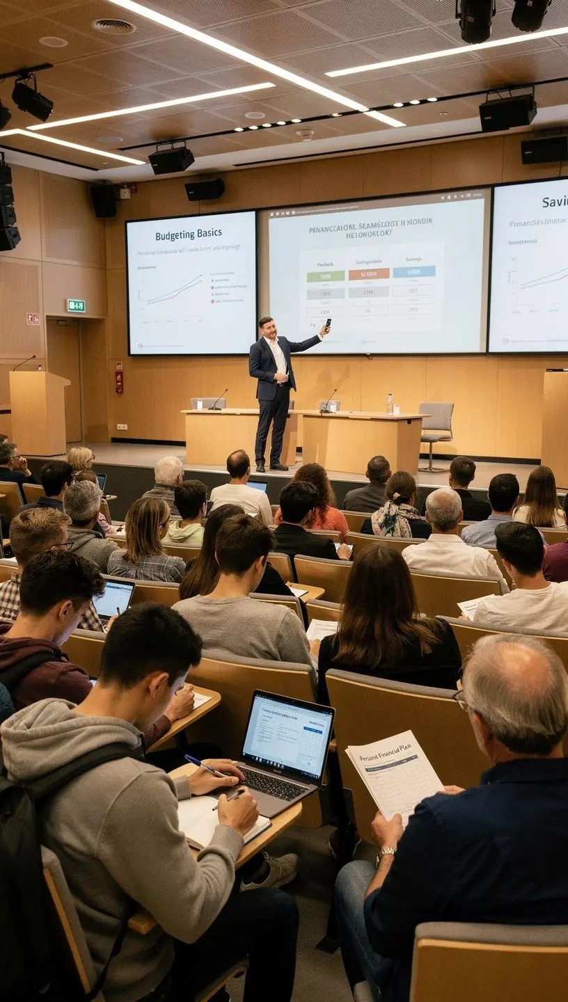 Havi offline találkozó egy közösségi térben, ahol pénzügyi témájú könyveket árusítanak és szakmai előadások zajlanak.